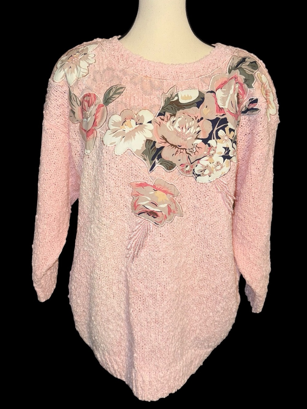 1980’s TJW Pink Boucle Sweater Floral Applique Pearl Cottagecore golden girls L